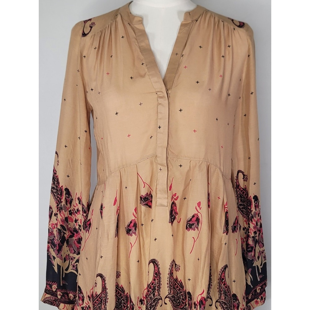Free People Boho Mini Dress Small Paisley Floral Peasant Tunic Pockets